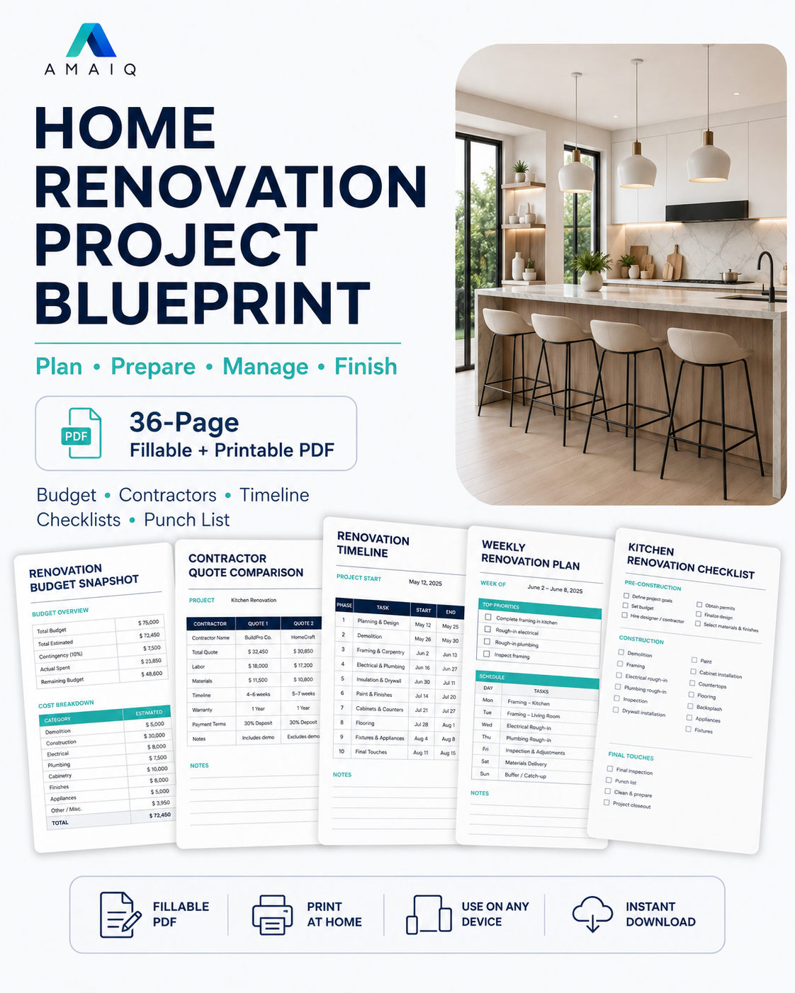 AMAIQ Home Renovation Project Blueprint printable and fillable renovation planner