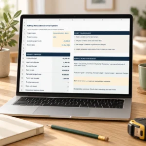 AMAIQ Renovation Control System workbook on a laptop — illustrative USD example
