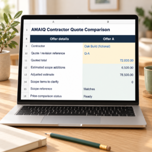 AMAIQ Contractor Quote Comparison workbook on a laptop — illustrative USD example